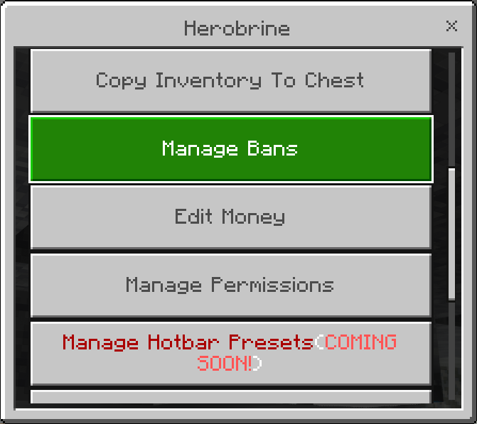 Manage Players Menu - Manage Player - Hovering Over Manage Bans Button