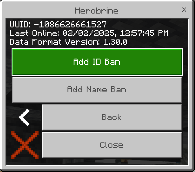 Manage Players Menu - Manage Player - Manage Bans - Hovering Over Add ID Ban Button