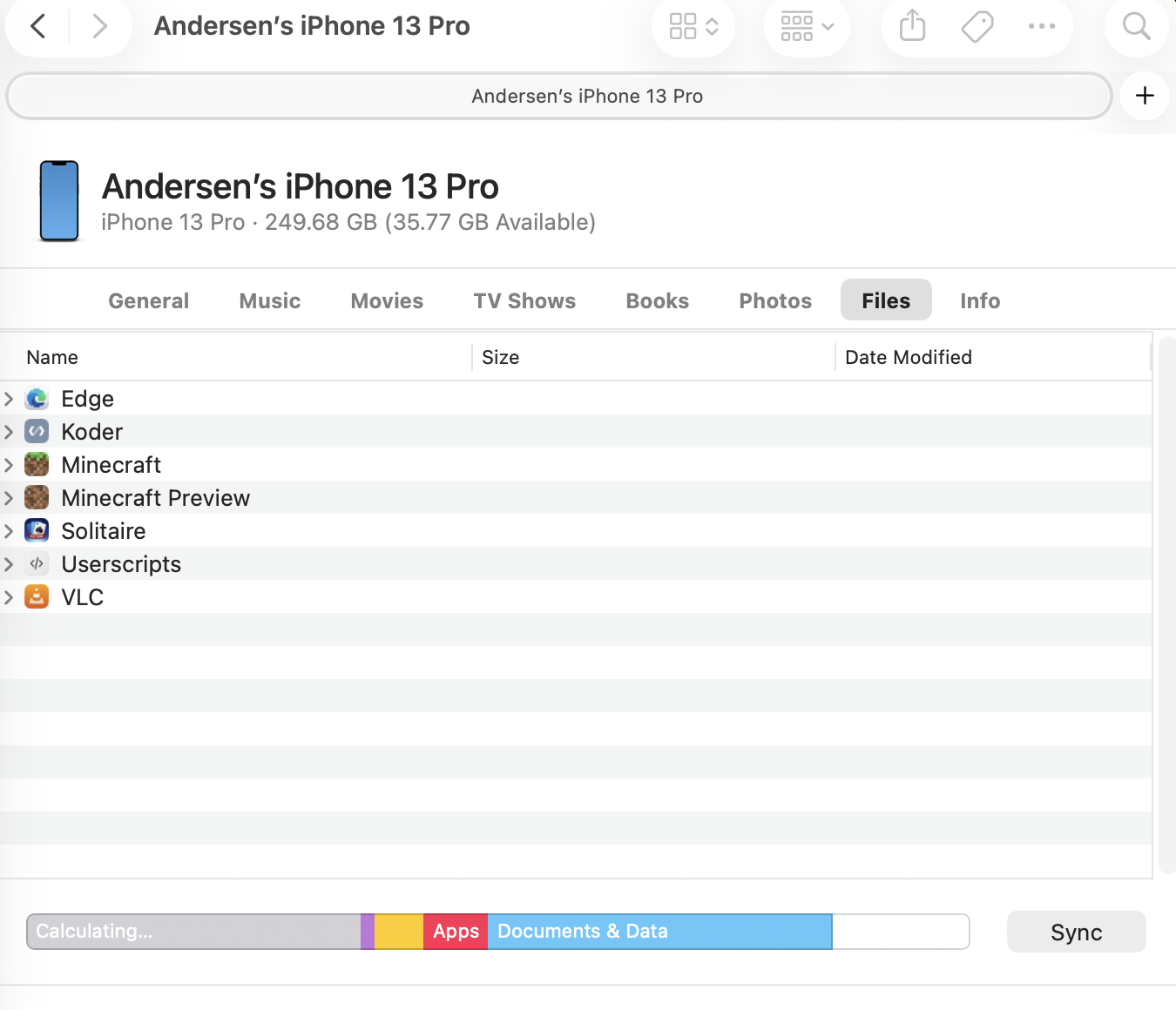 iPhone Finder Files tab with app data in the list