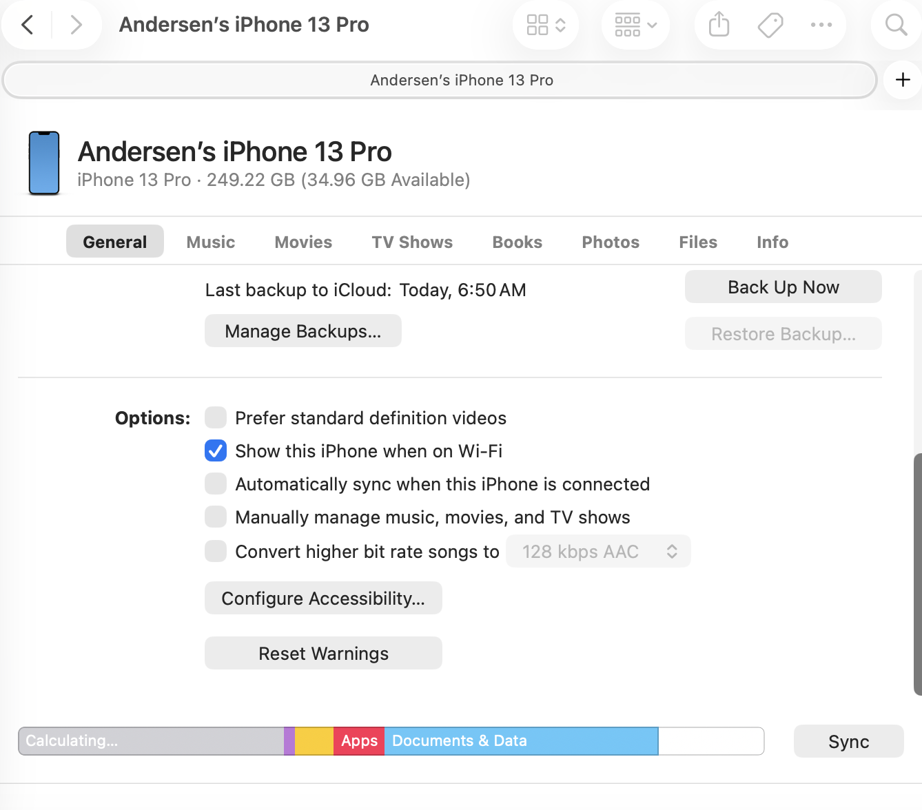 Show this iPhone when on Wi-Fi option checked at the bottom of the General tab