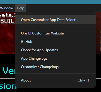 Screenshot of Help > Open Customizer App Data Folder option